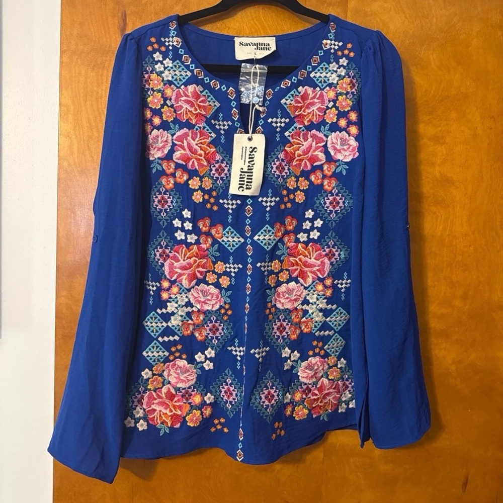 Savanna Jane Royal Blue Floral Embroidered Blouse